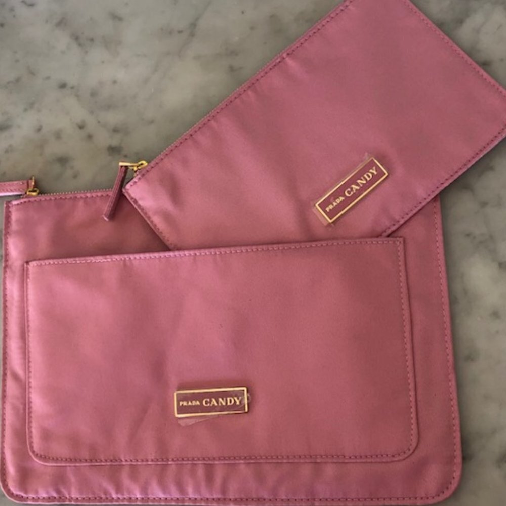 PRADA CANDY Set of Cosmetic Bags Pink Fabric Zip Top Rectangular NWOT